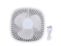 Ventilador USB portátil, 4 velocidades, 3 niveles de brillo, blanco con gancho.