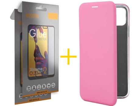 Kit Carcasa y Protector Cristal Full 2X iPhone 12 Mini Skyhe PRM Flip Cover Rosa