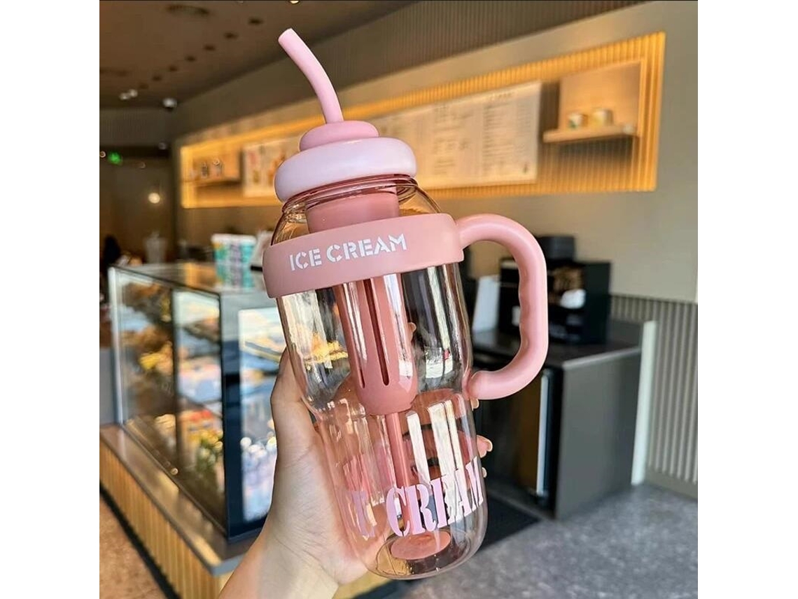 Vaso de plástico rosa de verano con lazo de la suerte y pajita, con un bonito diseño de dibujos animados. Mdug