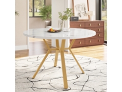 Mesa de comedor redonda de 100 cm de mármol negro con base en forma de X dorada.