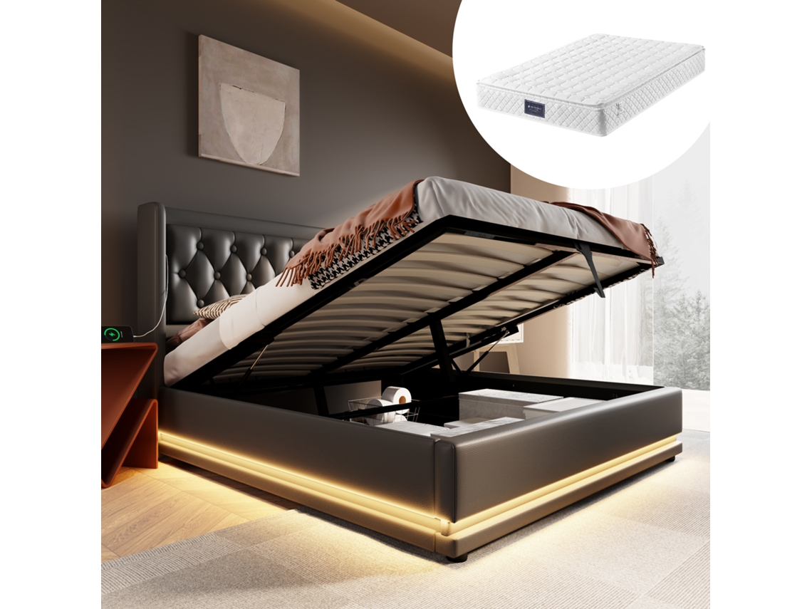 Cama Doble De 140x200 Cm Tapizada Con Iluminación Led, Puerto Usb-c Y Compartimento De Almacenamiento Hidráulico.