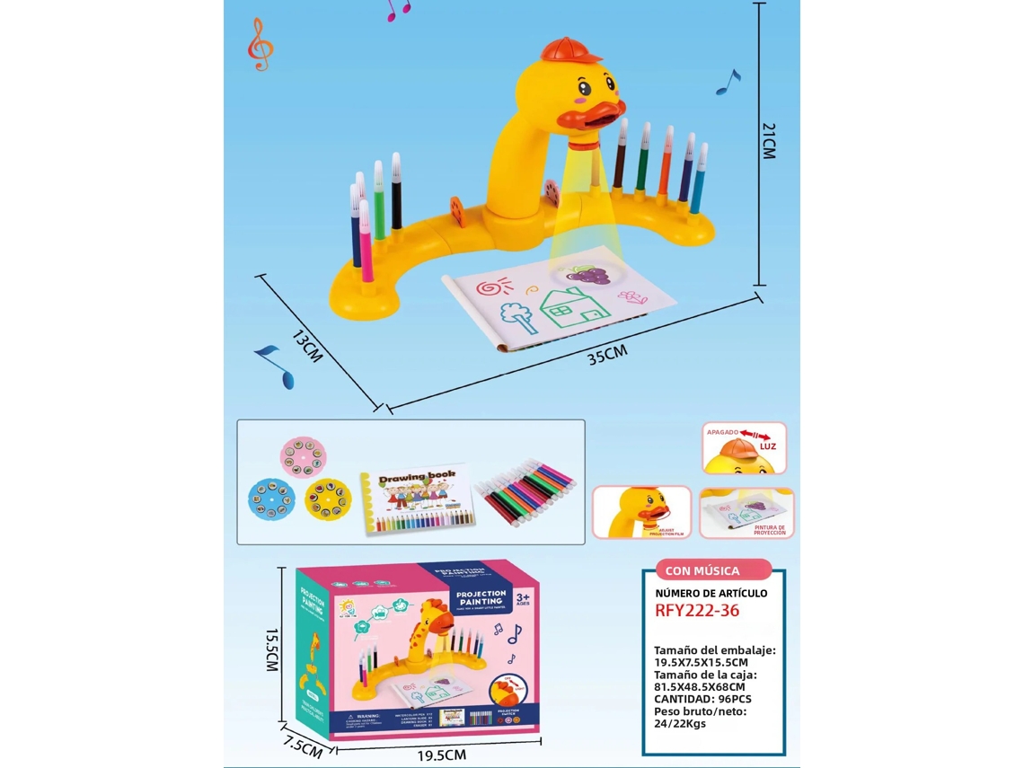 Mesa de aprendizaje infantil (Pato Amarillo) con proyector, ciencia, luces, música y tablero de dibujo de jirafa.