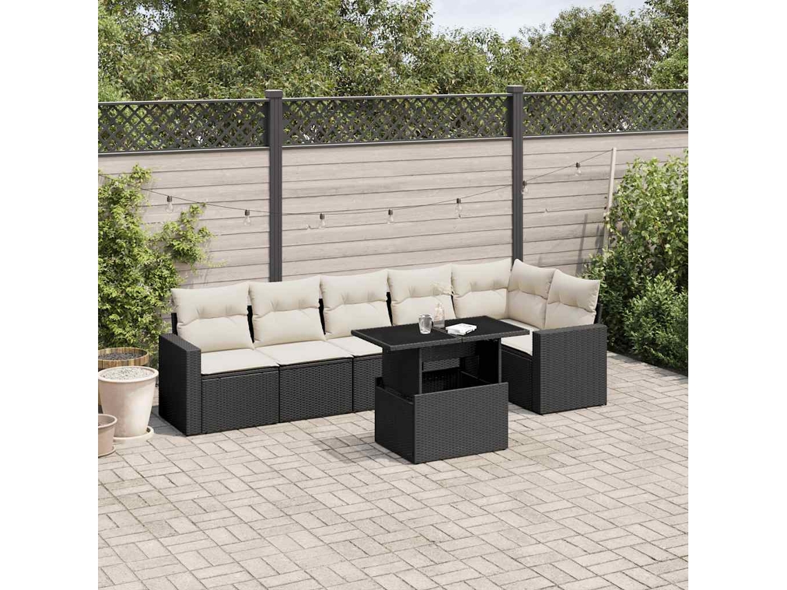 Conjunto de sofá de jardín de 7 piezas con cojines, ratán negro, Dkd Home Decor