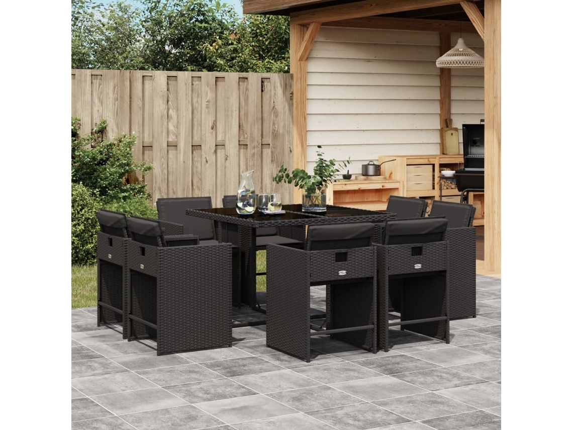 Juego de comedor de jardín de 9 piezas con cojines de mimbre negros de DKD Home Decor
