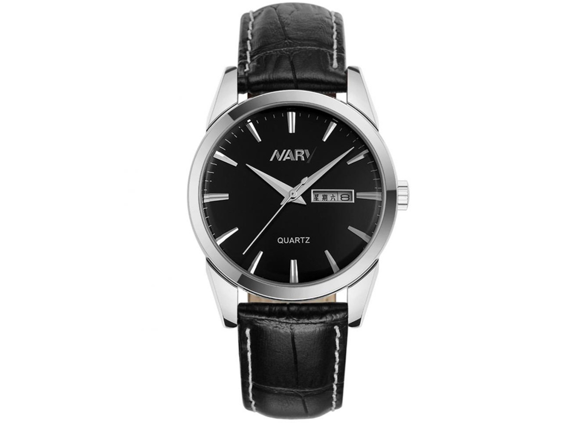 Reloj De Cuero Nary Acero Redondo Analógico De Cuarzo Para Hombre Plata Negro