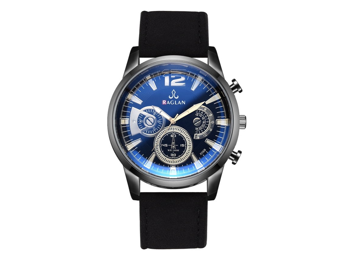 Reloj Hombre De Moda Con Correa De Cuero Pu Y Dial De Tres Ojos Negro Azul