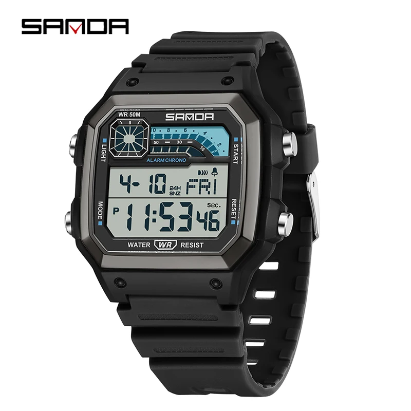 Reloj Electrónico Deportivo Para Exteriores, Con Correa Negra Y Caja Gris, Función De Despertador, Cronógrafo Y Resistente Al Agua.