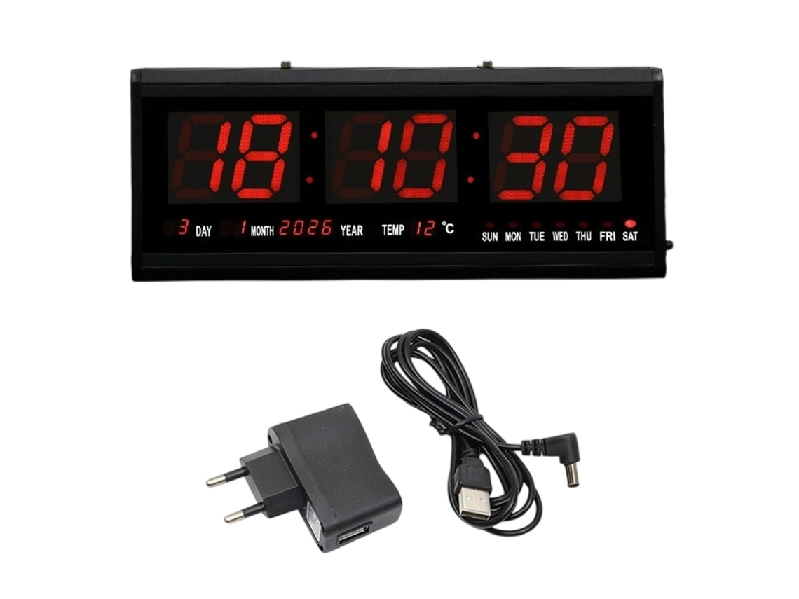 Reloj de pared digital grande con calendario, temperatura y alarma LED de batería (rojo)