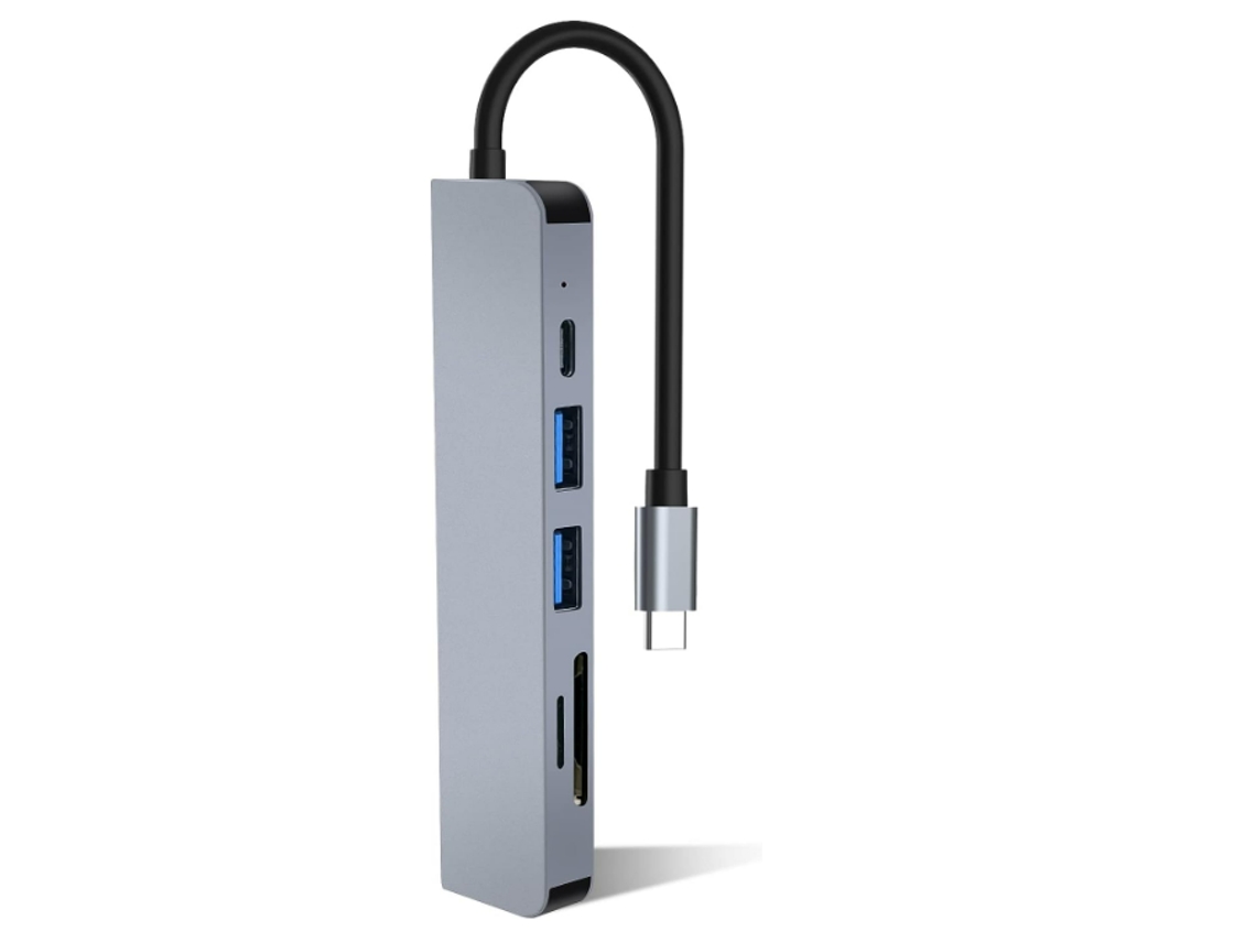Concentrador USB-C 6 en 1, adaptador USB-C, estación de acoplamiento multipuerto para MacBook Pro Air, concentrador USB-C con HDMI 4K, USB 3.0, lector de tarjetas SD/TF Yizhood (gris)