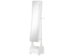 Armario joyero con espejo ajustable de cuerpo entero, cajón y soporte para secador de pelo, 37x30x158 cm, blanco.