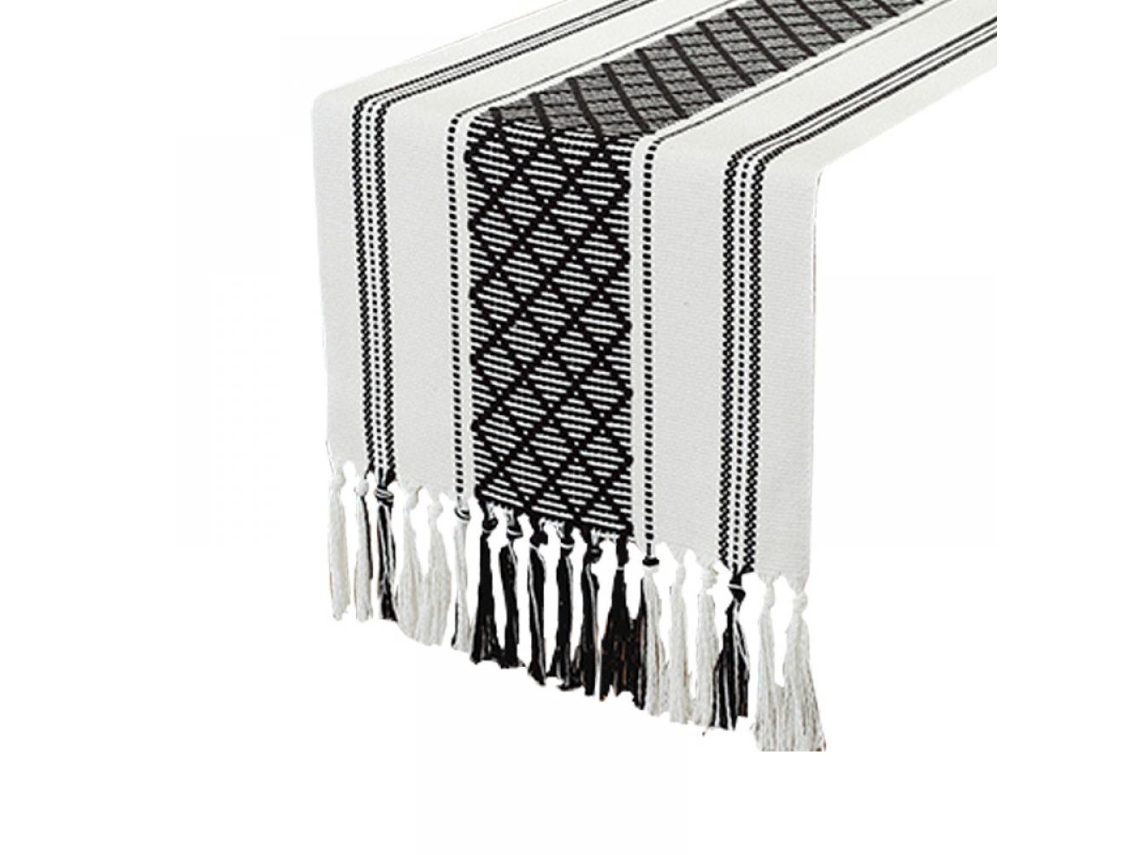 FNINIJEDE Manta De Mesa Com Borlas Em Estilo Boho, 14 X 72 Pol., Para Sala De Jantar, Casamento, Férias E Festas (preto E Branco)