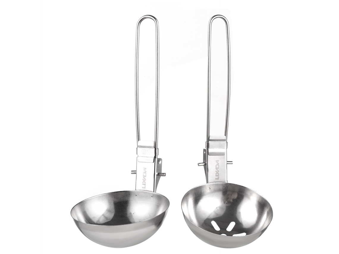 Mali colher de Skimmer e Louça de Sopa de Aço Inoxidável com Cabo Longo Plegável para Camping 2 Peças