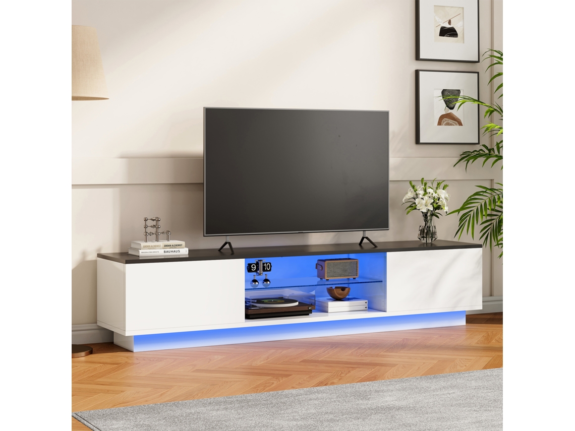 Mueble de TV con iluminación LED y estantes de cristal blanco ROSAHQNDA (160x32x42 cm)