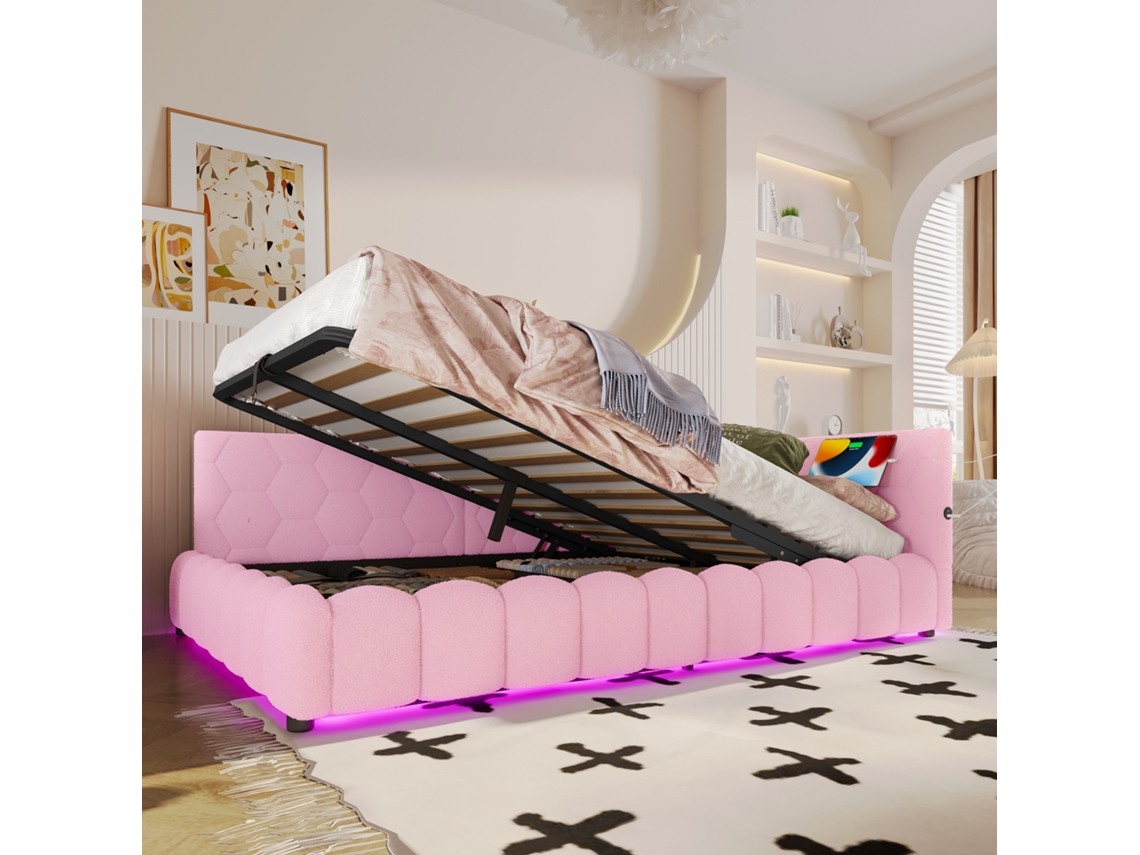 Sofá Cama, Sofá Cama De 140x200cm, Sofá Cama, Cama Con Somier (sin Colchón), Con Led, Con Mecanismo De Elevación Hidráulico, Rosa