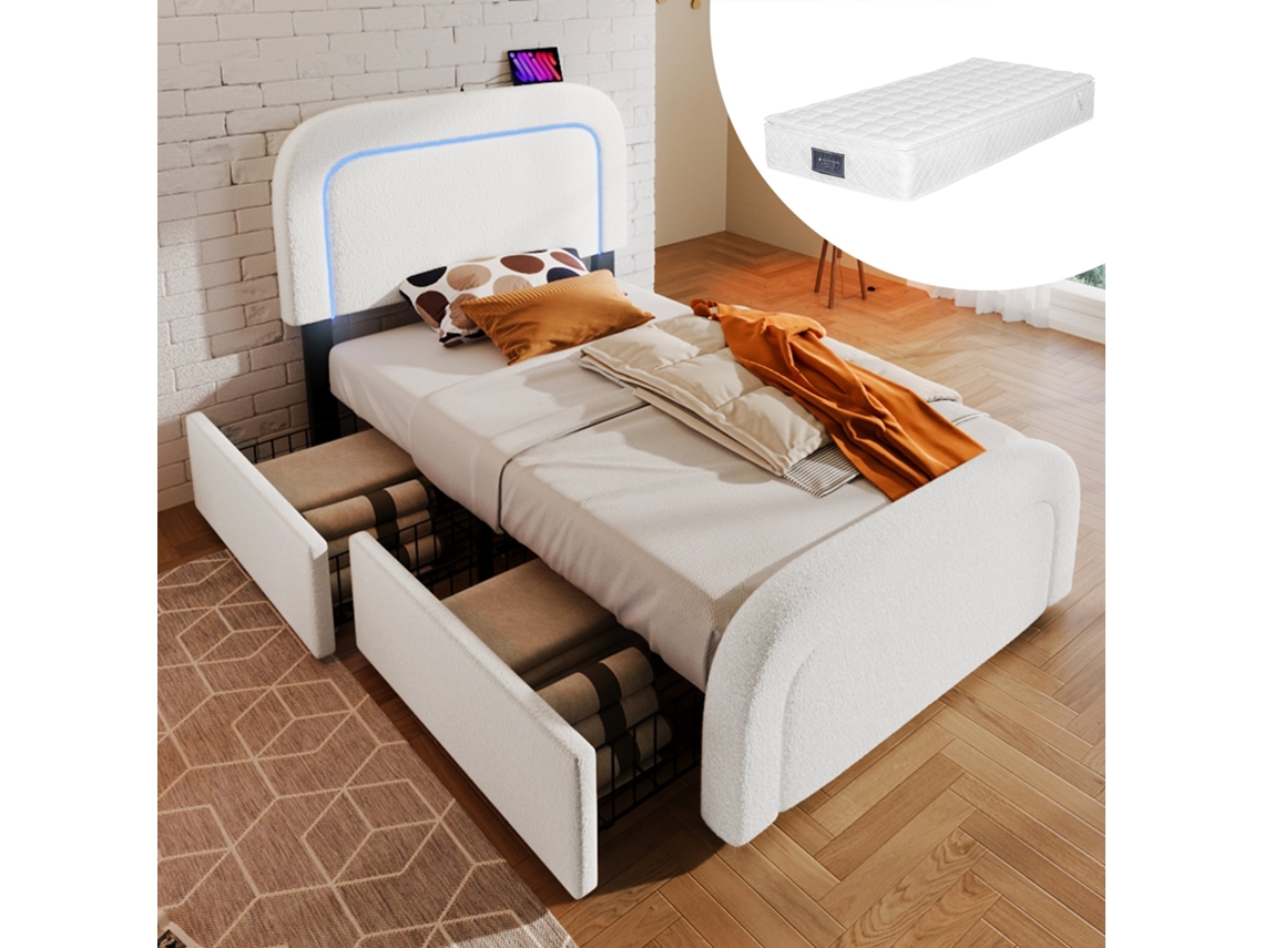 Cama Individual De 90x200 Cm Con Led, Usb-c, 2 Cajones Y Cabecero Ajustable.