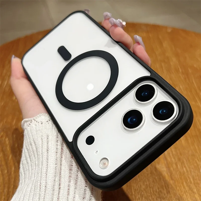 (iphone 15 Plus Negro) Funda Protectora Magnética Magsafe Con Carga Inalámbrica Y Cubierta Trasera Rígida Transparente.