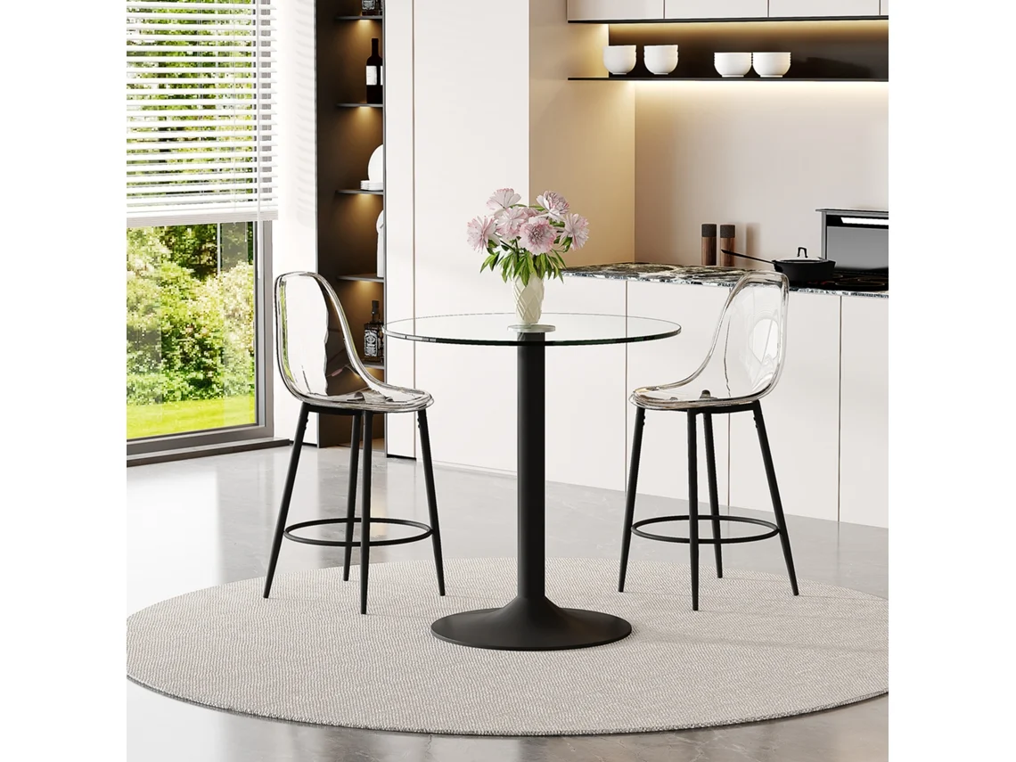 Conjunto De Barra 89 Cm - Mesa De Cristal + 2 Taburetes Con Diseño Flotante, Estructura Metálica Negra, Reposapiés - Negro/transparente