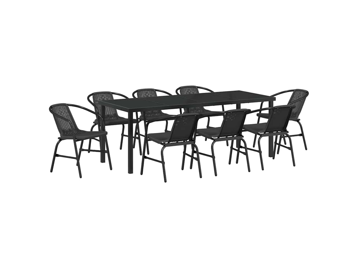 Conjunto de comedor de jardín de 9 piezas en acero con recubrimiento de polvo negro. EXCLUSIVO DE MAISON.