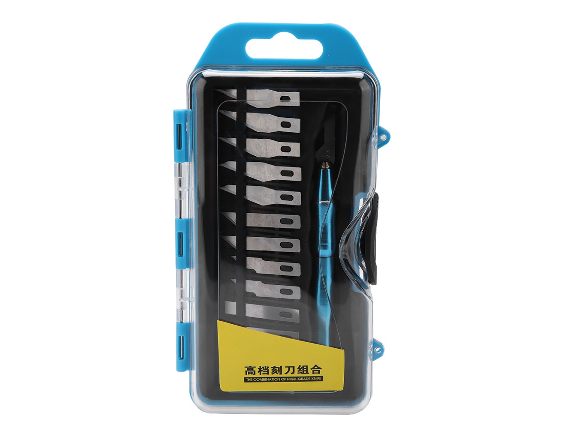 Juego de 14 herramientas para grabar madera con afilador manual y cuchillas de goma (azul)