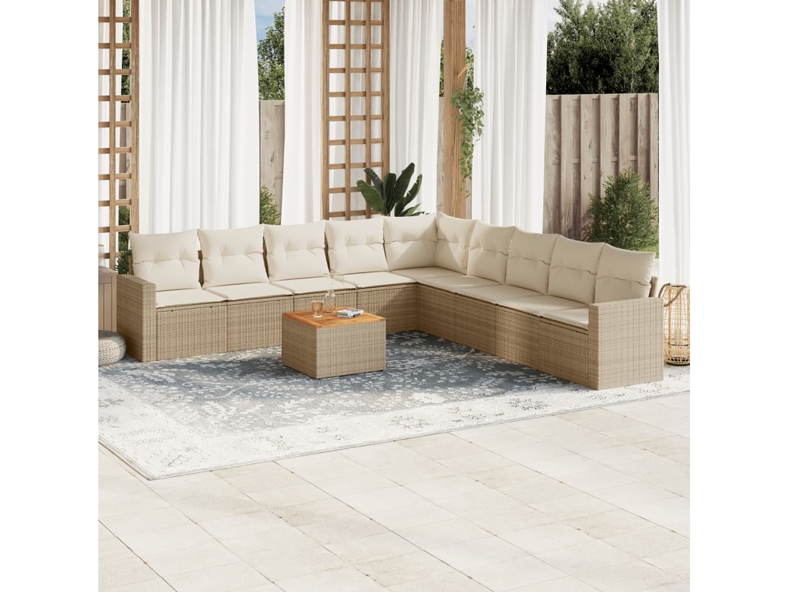 Conjunto de 10 sofás de jardín con cojines de mimbre, beige, EXCLUSIVO DE LA CASA
