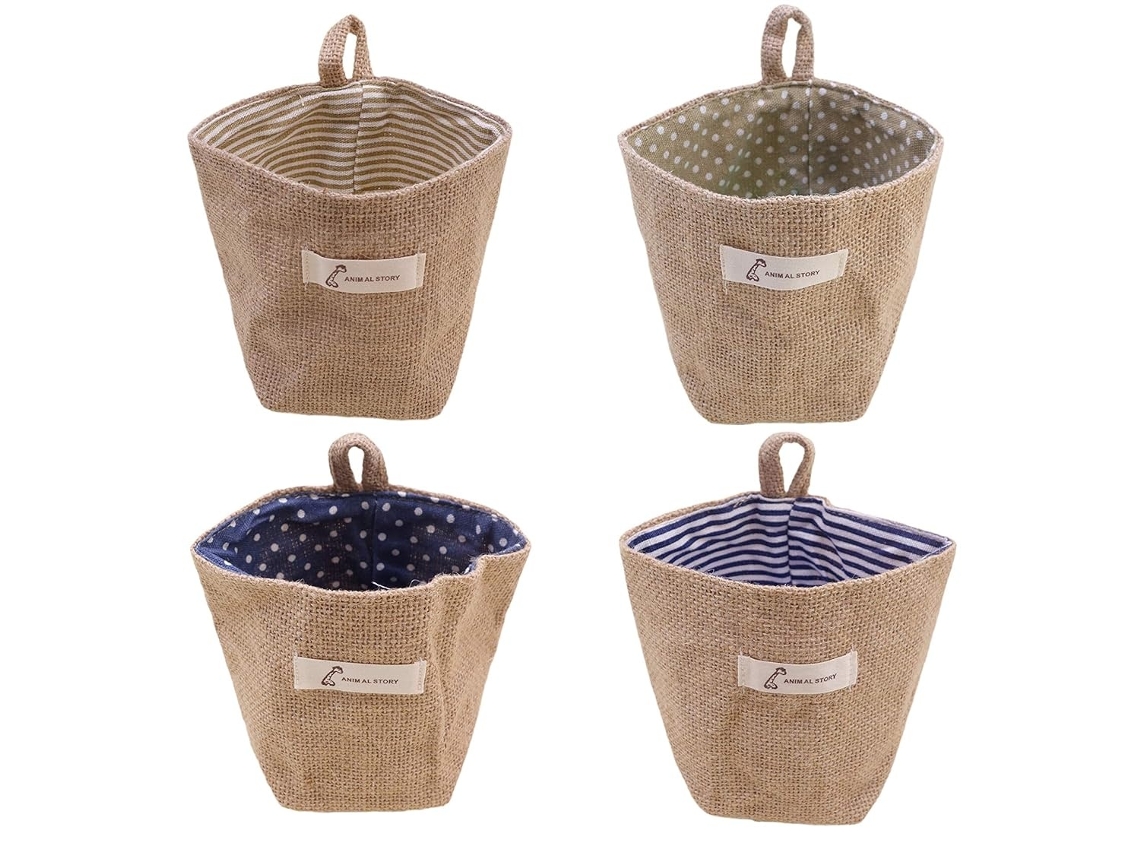 Cesta de almacenamiento de pared con 4 bolsas, cesta pequeña de algodón y lino, cesta colgante plegable familiar, 2025