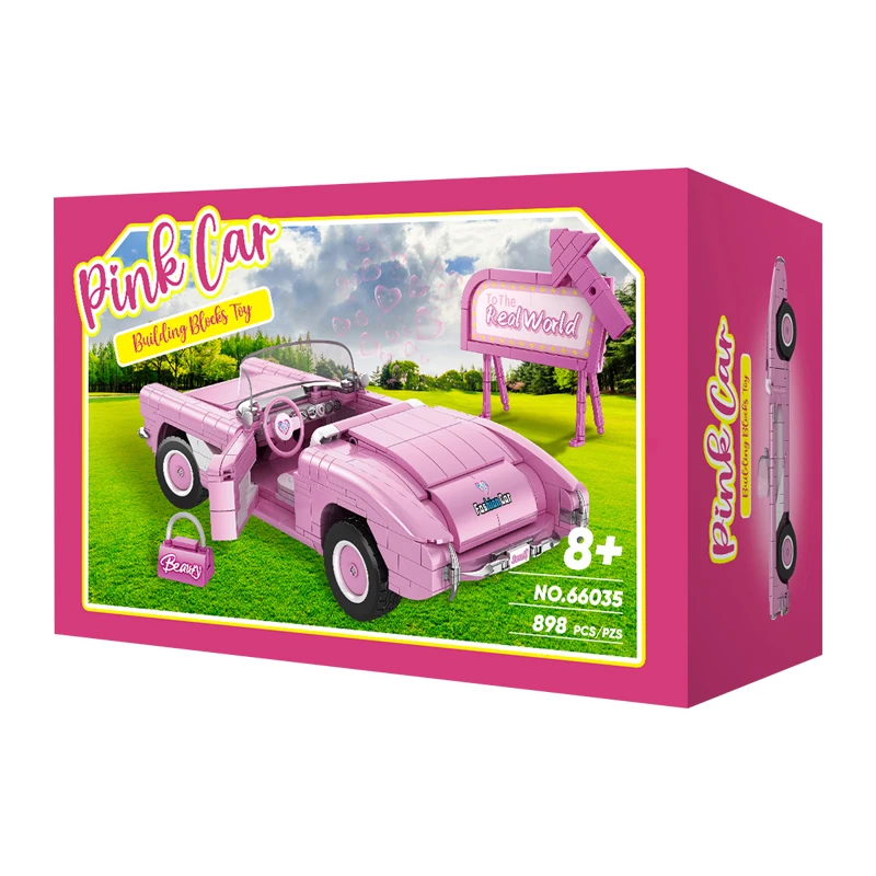 Coche deportivo rosa de juguete hecho con bloques de construcción.