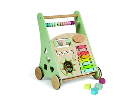 Montessori Andador de Bebé de Madera Carrito de Paseo para Primeros Pasos con Juguetes y Actividades 12 Meses Laponia/Verde BUDDY BABY