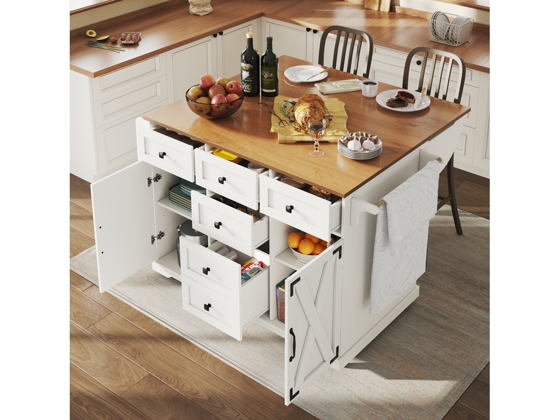 Isla De Cocina De Madera, Mesa De Buffet Y Armario Blanco.
