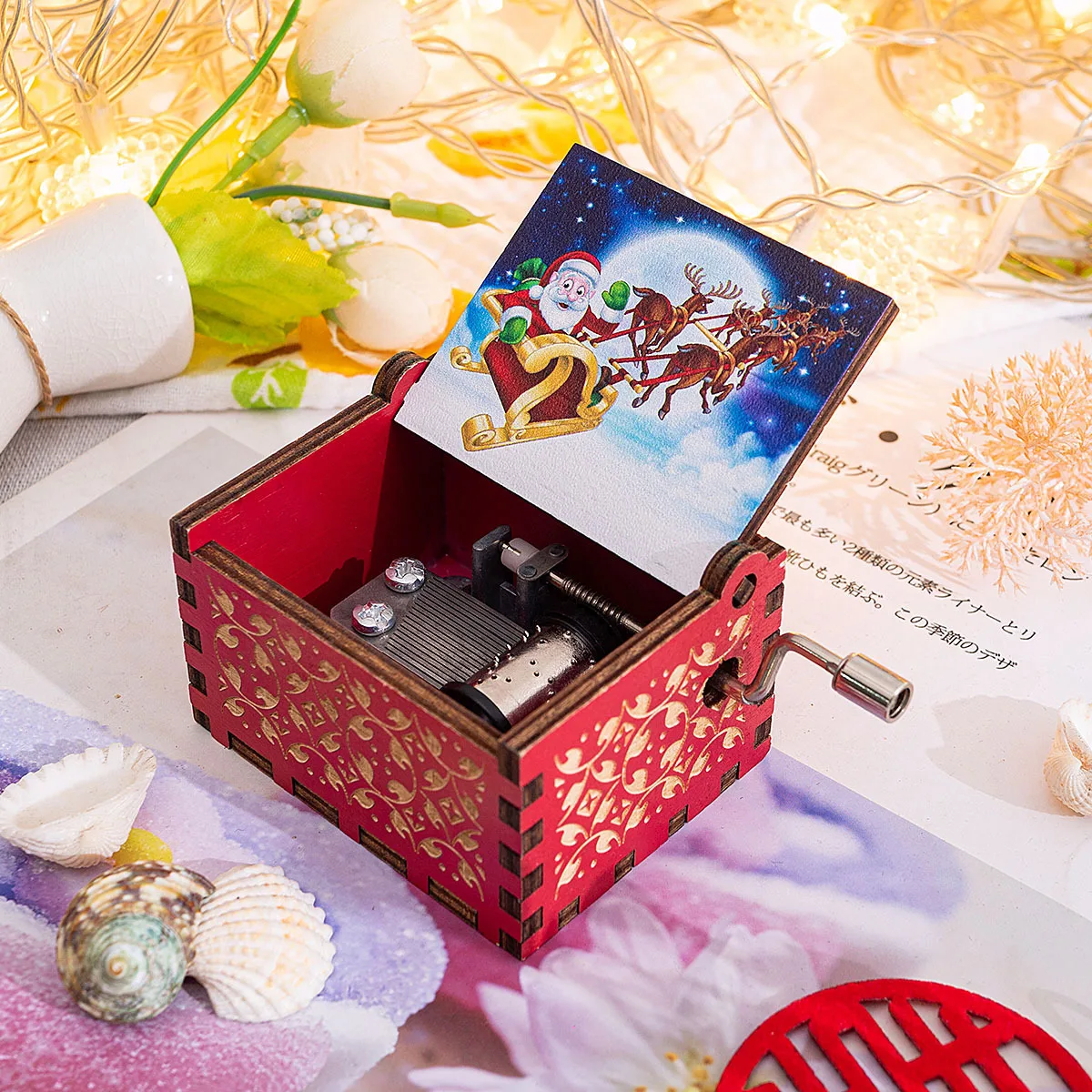 (estilo 11) Caja De Música Navideña Vintage Con Manivela, Exquisita Artesanía De Resina Y Madera Pintada A Mano.