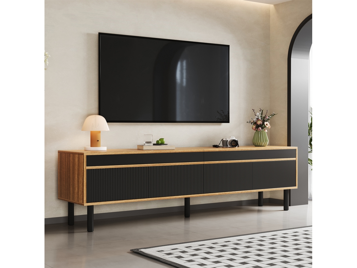 Mueble Tv 170cm 4 Puertas Textura Fina Negro Madera Diseño Salón