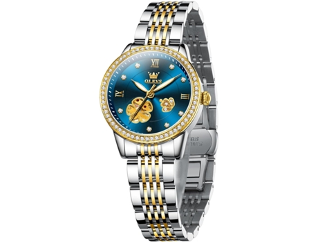 VEANXIN Reloj luminoso impermeable con fase lunar Tourbillon de diamantes automático para mujer(azul)