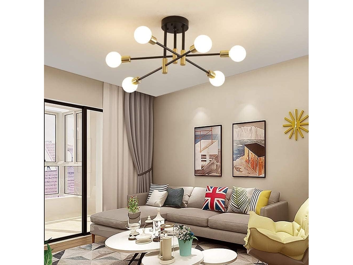 Lustre De Teto Industrial 60w, 6 Bases Para Lâmpada, Ferro Forjado Preto E Dourado, Casquilho E27 (sem Lâmpada), Diâmetro 72 Cm