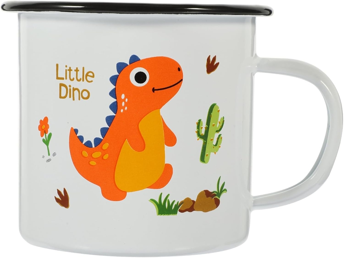 Taza De Esmalte Con Un Divertido Diseño De Dinosaurio De Dibujos Animados Para Té, Zumo, Café O Cualquier Ocasión.