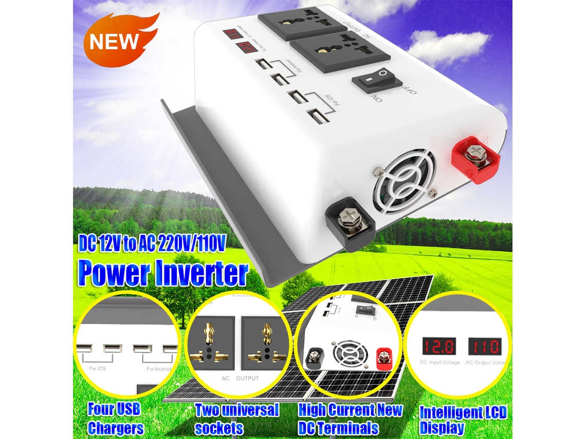 Inversor De Energia Para Carro 300w Dc 12v Para Ac 110v Com 4 Portas Usb 2 Tomadas Ac E Tela Lcd Dupla