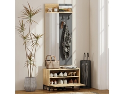 Conjunto de armario para recibidor, banco para zapatos, espejo, 3 ganchos, estante abierto, muebles de pasillo, madera natural + gris.