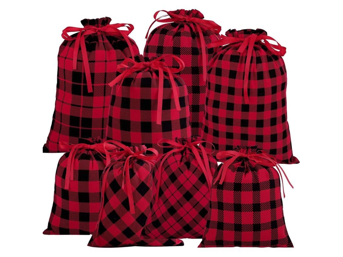 8 Bolsas De Regalo Navideñas Con Estampado De Tartán Búfalo Y Cordón Ajustable Para Fiestas Y Envío De Regalos.