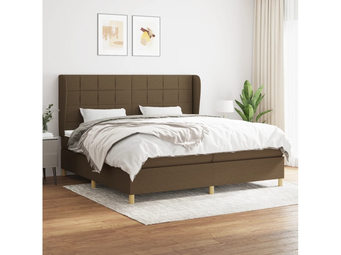 Cama Box Spring Con Colchón Tela Marrón Oscuro 200x200 Cm