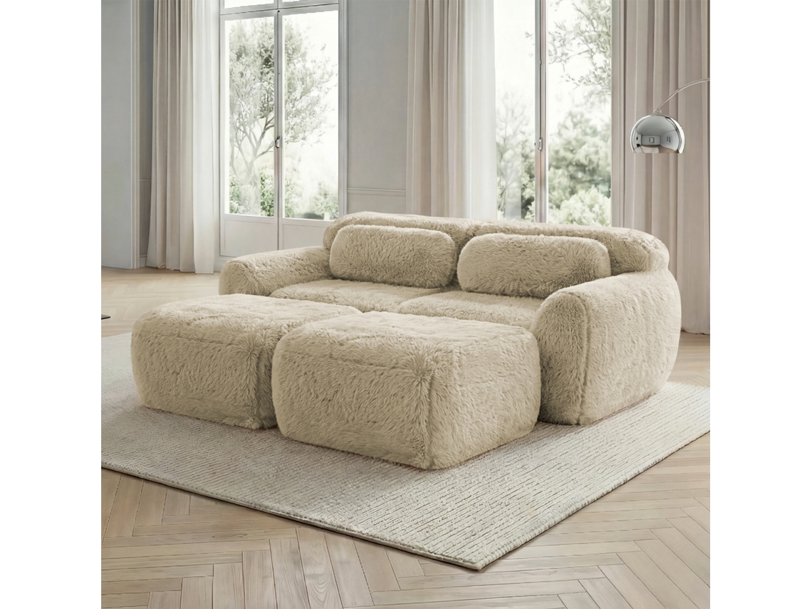 Sofá Modular + 2 Plazas - Tela De Felpa Suave, Chaise Longue, Sin Montaje - Beige Claro