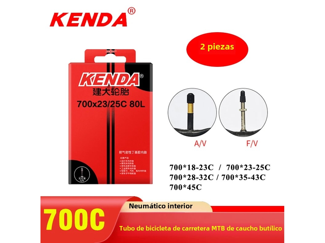 Cámara de bicicleta Kenda 700c (2 unidades, válvula Schrader/Presta, 23/45c) para bicicleta de carretera