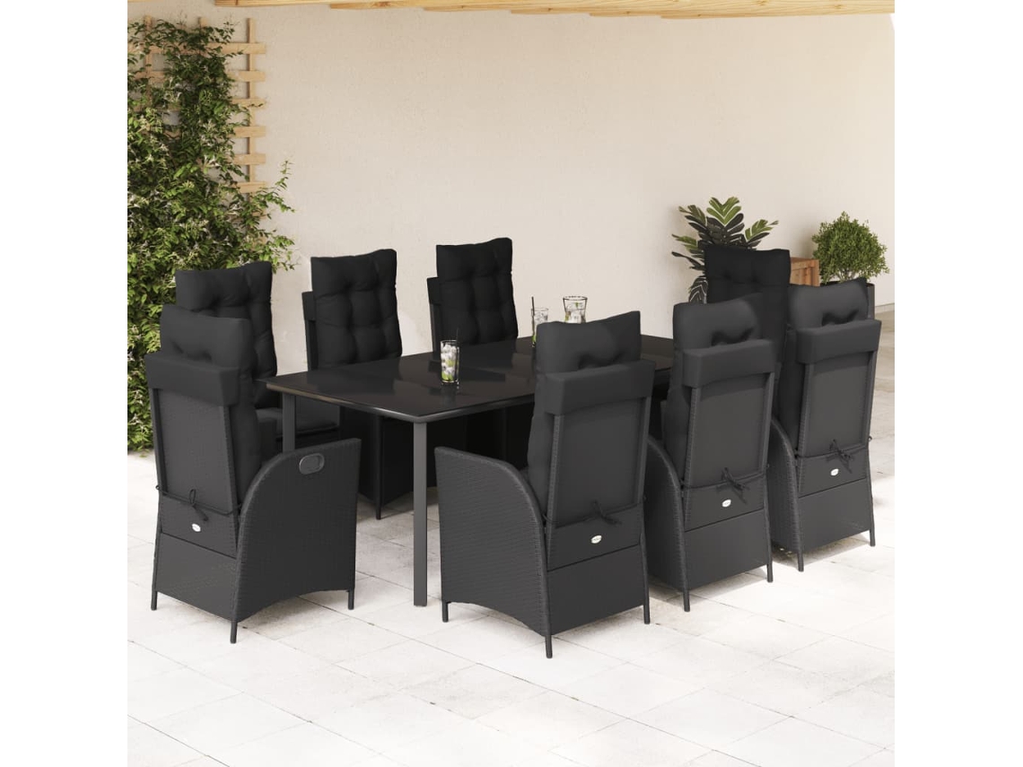 Juego de comedor de jardín de 9 piezas con cojines, mimbre sintético negro, DKD Home Decor