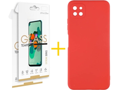 Carcasa y 2 Protectores de Pantalla de Vidrio Samsung A22 5G SKYHE Silicona Líquida Rojo