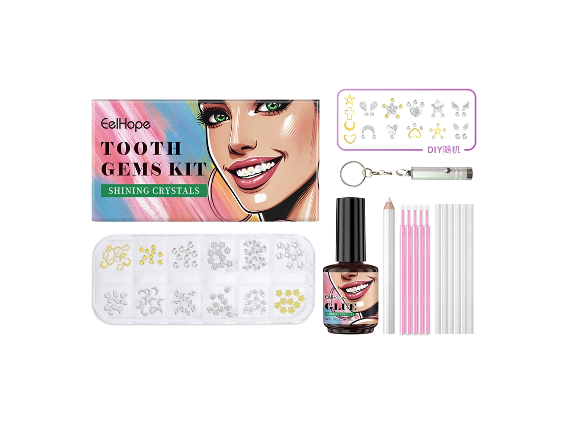 Kit de belleza dental brillante: Kit creativo de joyería dental con pegamento UV y luz para una sonrisa deslumbrante.