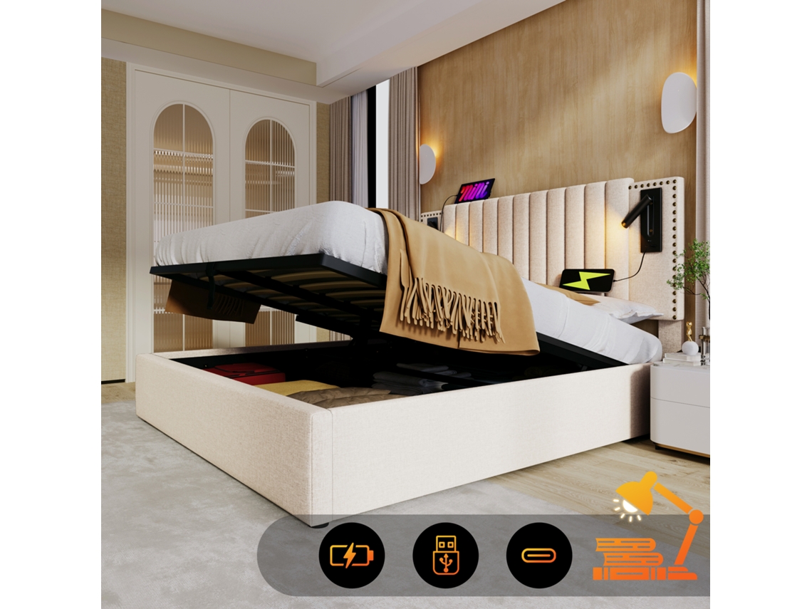 Cama Beige De 160x200 Con Puerto Usb Y Espacio De Almacenamiento.