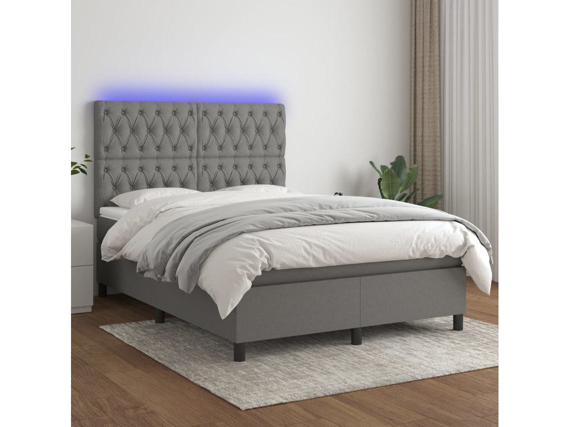 Cama box spring colchón y luces LED tela gris oscuro 140x200 cm