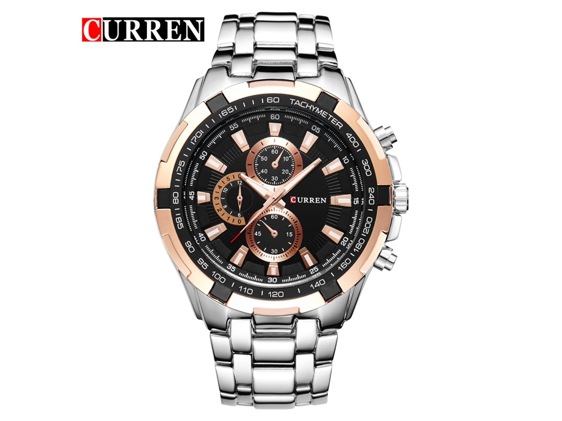 Reloj de cuarzo para hombre, resistente al agua, correa milanesa, seis agujas, indicador de fecha MDUG (negro y oro rosa)
