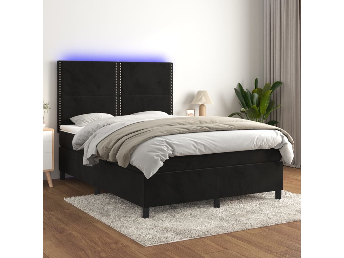Cama Box Spring Colchón Y Led Terciopelo Negro 140x190 Cm