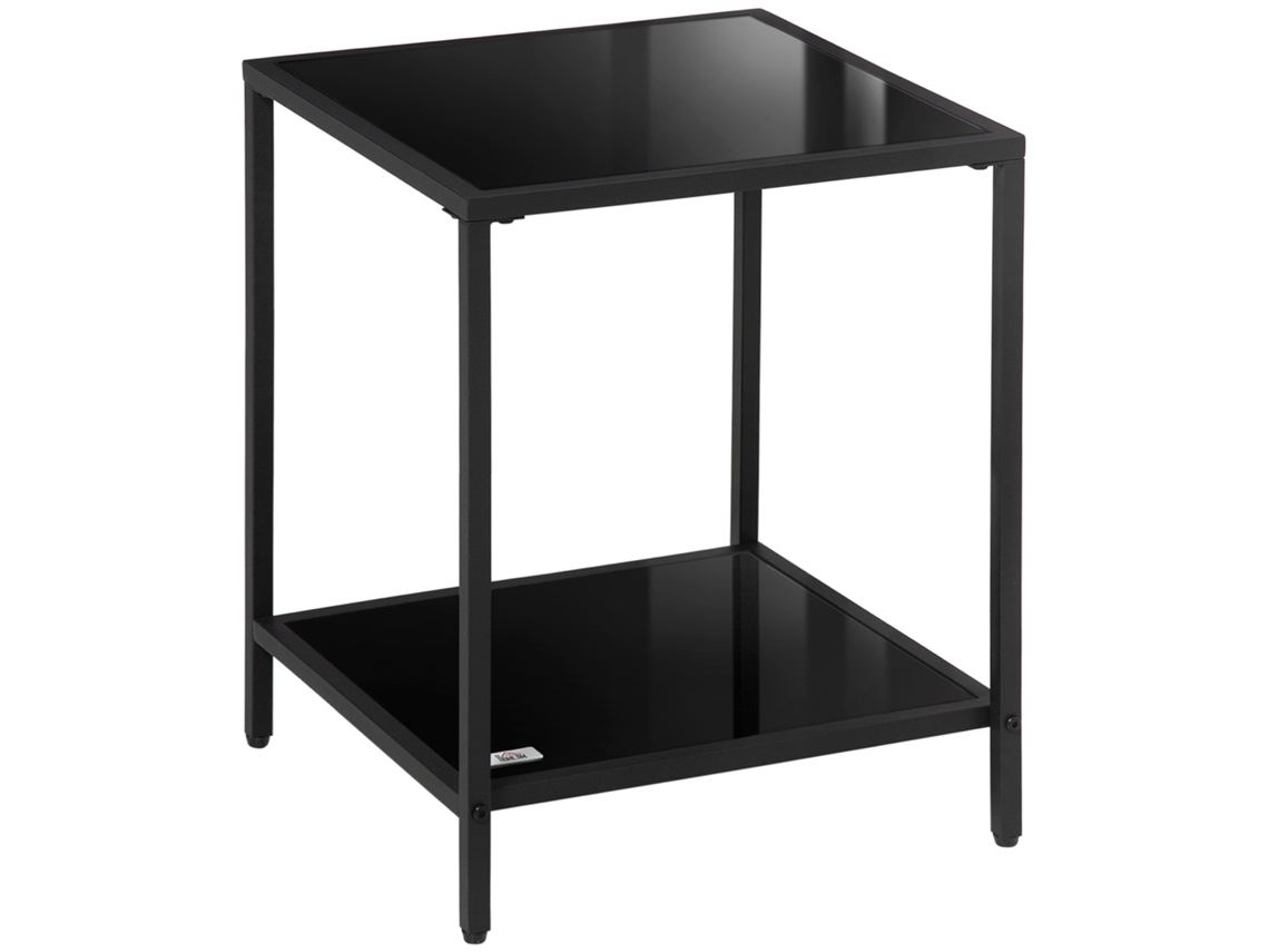 Mesa Auxiliar De Centro, 2 Niveles, Cristal Y Acero, Negra, 40x40x50cm