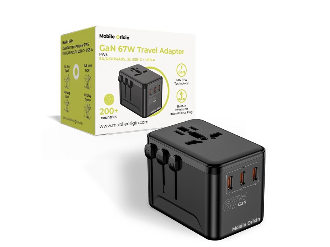Cargador De Viaje Mobile Origin Pw5 Gan 67w Con 3 Usb-c Y 1 Usb-a