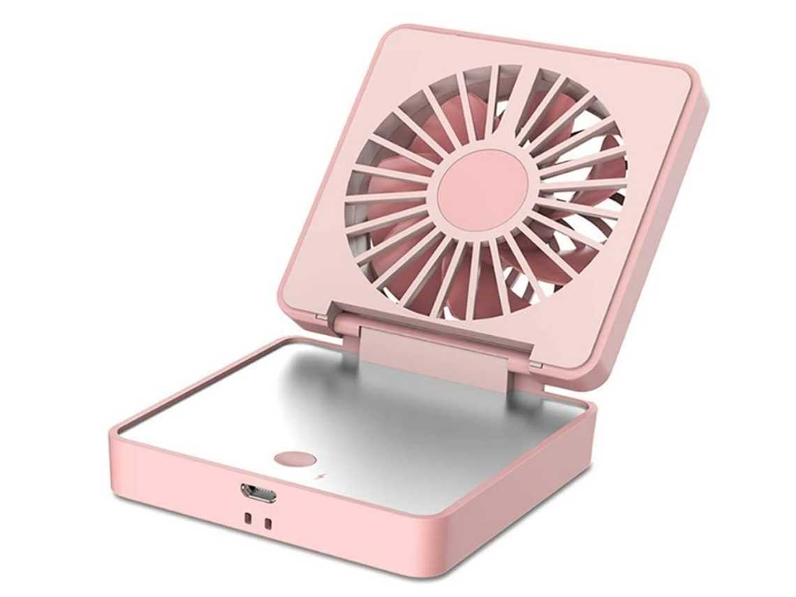 Mini ventilador portátil 2 en 1, plegable, con espejo de maquillaje, recargable por USB, 2 ajustes, giratorio 170°, Yizhood (rosa)