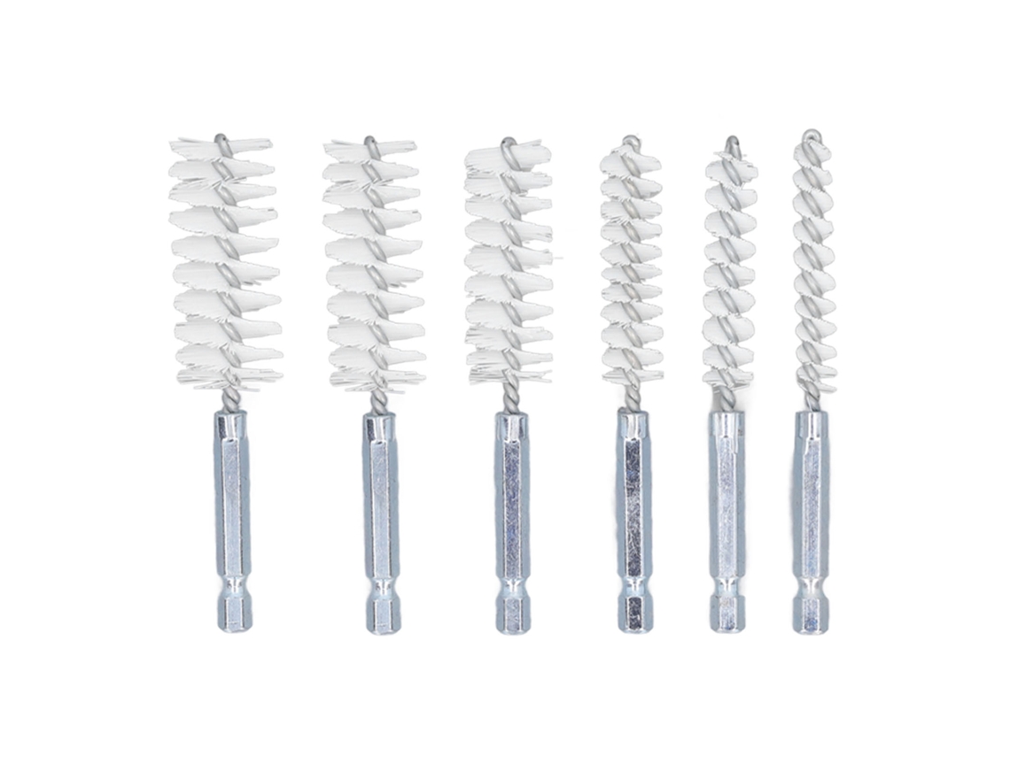 Juego de 6 cepillos de limpieza con mango hexagonal de 1/4 pulg. para taladro, acero trenzado, nailon, blanco, antioxidante, 8-19 mm